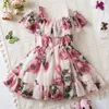 Suspend Dress for Girls Print Elegant Children Summer Casual Clothes Chiffon Kids Flower Tutu Princess Dresses 240325