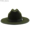 Wide Brim Hats Bucket New Military Green Feather Band Wool Womens Fedora Hat Mens Cowboy Elegant Gangster Trilby Felt Homburg Church Jazz yq240407