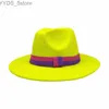 Breda breim hattar hink kvinnor bred ull filt jazz fedora hatt lila bälte elegant mens panama triangular grossist yq240407