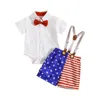 Kledingsets baby Baby Boy 4 juli Outfits Korte mouw Rapel Neck Button Down Bowtie Romper Top Suspender Shorts Set