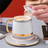 Koppar tefat europeiska pärlglasyr keramisk kaffekopp med lock fatsked set enkel porslin mjölk mugg eftermiddag te kontor drinkware