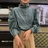 Blusas femininas coreanas chiques camisas de jeans vintage stand colar colar solteiro solto casual casual all-match manga longa top 2024 spring camisas