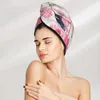 Towel Girl Hair Drying Hat Pink Flowers Tropical Protea And Flamingos Cap Bath MicrofiberTowel Absorption Turban