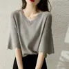 Kadın Bluzları 2024 Yaz Zarif Örme Buz İpek Gömlek Moda Petal Sleeve V-Neck bayanlar Top Sıradan Gevşek Kısa 14799