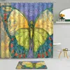 Shower Curtains 2Pcs Creative Fantasy Sunflower Curtain Flower Butterfly Floral Green Leaf Fabric Non-Slip Bath Mat Bathroom Set