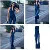 Kvinnor jumpsuits rompers konstig bomull elegant denim jumpsuit kvinnor ärmlösa blixtlås mode hipster casual high street breda ben droppa dhojf