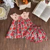 Kledingsets op voorraad!Kinderset 24 zomer ba girls retro bloemen big flip collar poppen top bloemen schutbladen broek