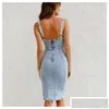 Basic Casual Dresses Femme Robe Summer Dress Women Denim Split Zipper Sling Sleeveless Backless High Waist Slim Hips For Vestidos Drop Dh7Dy