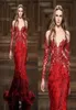 Red Elegant Feather Dresses Evening Wear With Long Sleeves Sheer Jewel Neck Appliqued Prom Gowns Mermaid Sweep Train Formal Dress6693099