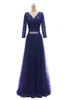 Capped V Neck Long Evening Dresses 2019 långa ärmar Kvällsklänningar Empire Midjeparty Klänning Purple Navy Blue9014706