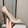 Высококачественный дизайнер брендов Женщины высокие каблуки Sexy Sext Pointed Toe Then Hel Slip на хрустальном декоре страза Женский весенний летний платье свадебные насосы