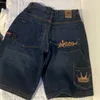 Heren shorts Jnco Geometric Crown Patroon Design Heren High Taille Denim Shorts Y2K Hip Hop Trend Retro Casual Volledige bijpassende pocket trui J240407