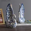 Arts and Crafts Creativity Chinese Style Blue and White Porcelain Swan Ceramic Crafts Couple Decorations Livin Room Decoration Home DecorationsL2447