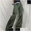 Frauen Jeans Damen Y2K Grunge Grüne Reißverschluss Verband Low Taille Cargo Hosen Gothic Punk Baggy Retro Kawaii Hosen Frauen koreanische Schweiß Dhqyk