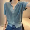 Kvinnors stickor 2024 sommar sexig överdimensionerad hög midja retro kontor lady skjorta koreansk stil v hals korta ärm chic toppar