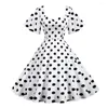 Robes décontractées Femmes Midi Robe A-Line Silhouette Elegant Retro Dot Print Soirée avec des manches à volants en V