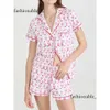 Dames schattig roller konijn pyjama's y2k aap geprefabriceerd printing 2-delige pyjama set shirt met korte mouwen pj shorts casual slijtage 119