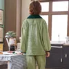 Home Clothing Flannel 2PCS Sleepwear Winter Pajamas Set Women Lapel Shirt&Pants Coral Fleece Pijamas Suit Warm Pyjamas Green