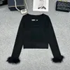 New women o-neck hollow out rhinestone logo patched long sleeve fur cuff knitted desinger sweater tops thin jumpers SML