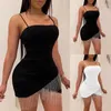 Casual klänningar sexiga kvinnor ärmlös spaghetti rem bodycon afton fest klubb bandage kort mini smal tofsar mager klänning