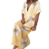 Partykleider V-Neck-Knopf Kleid Lose Bohemian Style Blumendruck Maxi für Frauen Kurzarm gegen Nacken A-Line