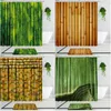 Rideaux de douche en bambou green plantes art paysage tissu imprimer décor de salle de bain ensemble tapis de bain non glip