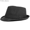 Шляпа шляпы широких краев ведро ht4052 Мужская шляпа весна/лето федерас черная группа джазовая мода Trilby Fedora Destabletry Cotton Linen Yq240407