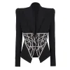 2024 Spring and Autumn New Women's Black Wool Single Buckle Flip Collar Waistband Water Diamond Fashion Light Luxury Suit Coat