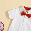 Kledingsets baby Baby Boy 4 juli Outfits Korte mouw Rapel Neck Button Down Bowtie Romper Top Suspender Shorts Set