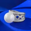 Anillos de clúster S925 Plata 12 mm Big Pearl For Women Diamond Cz Ring Cocktail Fiesta Accesorios de joyería Fina Aniversario de aniversario
