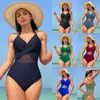 2024 New European and American Amazon Cross Border One Piece Swimwear Women's Solid Color Mesh Bikini Swimwear Bikini Wholesale