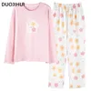 Roupas em casa Duojihui Fashion Floral Printing Casual Pijamas para Mulheres Basic com Pad Pad Loose Pant Simples Autumn Feminino Conjunto feminino