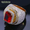 Högkvalitativa riktiga kopparringar Glänsande Micro Diamond Ruby Red Gemstone Punk Finger Jewelry For Men Hip Hop Rock Accessories Bijoux Storlek 7-11