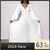 エスニック衣類プリーツプリーツマキシローブフェム女性のためのアフリカンVネックドレス2024秋の長袖ドレス
