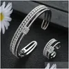 Oorbellen ketting set luxe 2 stks kleine ball square opening ronde armband met mtiple ringen mode -sieraden voor dames s453 drop deliv dhfg8