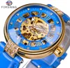 Forsining Lady Mechanical Automatic Wrist Watch Top Brand Luxury Fashion Golden Case Skeleton Clock Women Blue Genuine Leather7233140