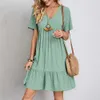 Summer Womens Short Sleeve Mini Dress Ladies Pleated Ruffle Solid Dresses Casual V Neck Vintage Loose Vestidos 240329