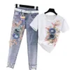 European Station 2024 Summer New Korean Edition Heavy Industry Bead Embroidery Short Sleeves+small Foot Perforated Jeans Set for Women