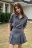 Work Dresses GkyocQ 2024 Summer Women Two Pieces Sets Casual Outfit Denim Long Sleeve Shirt Tops Pleated A Line Short Skirt Female