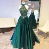 Kleider eine Linie Satin Perlen Perlen Dunkelgrünen Abschlussballkleider Halfter Abendkleid Vestidos de Noche Largos elegantes de fiesta