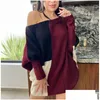 Basic Casual Kleider y Damen Patchwork Kleid Ladies Winter Langarm Pullover Tops Mode Girls Strick übergroß