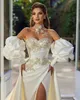 Elegant elfenben sjöjungfru bröllopsklänningar med puff långa ärmar spetsapplikationer pärlstav satin brudklänning sida delad sexig brud klänning 2024