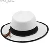 Waste Brim Hats Buckt Feather Band White Felt Jazz Fedora Hat Womens Unisex Panama Party Trilby Cowboy Mens Gentleman Wedding YQ240407