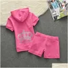 Womens Tracksuits Coutoure Juicy Two Piece Veet Track Suit Sweatsuits European Crown Diamond Casual Shorts Sleeve Set New Drop Deliver Ot2Qf