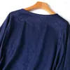 Blouses pour femmes Blouse de soie Mulberry 20 momme Jacquard Navy Loose Type O Ner 3/4 LANTERNE SHIRT TOP TOP PAULOVER L XL M1096