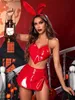 Ensemble sexy ellolace latex lingerie néon rose sous-vêtements femmes 3 pièces lapin sexy pvc