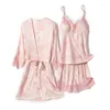 Home Vêtements Summer Satin Femmes décontractées Kimono Bathrobe Bain 3PCS PAJAMAS SUIT INTRACT