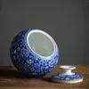 Vases Vases en céramique Pot de thé avec couvercle Bleu Blanc Porcelaine Ornements Conteneur pour décor de rangement