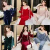 Autumn Winter Warm Pyjamas Set Women Sleep Set Deep Gold Velvet Sexy Pijama For Women Pyjama Set Long Pant Set Robe Women 240402