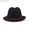 Szerokie brzegowe kapelusze wiadra fedora hat kobiet Trilby Fell Church Jazz Regulowany pasek derby YQ240407